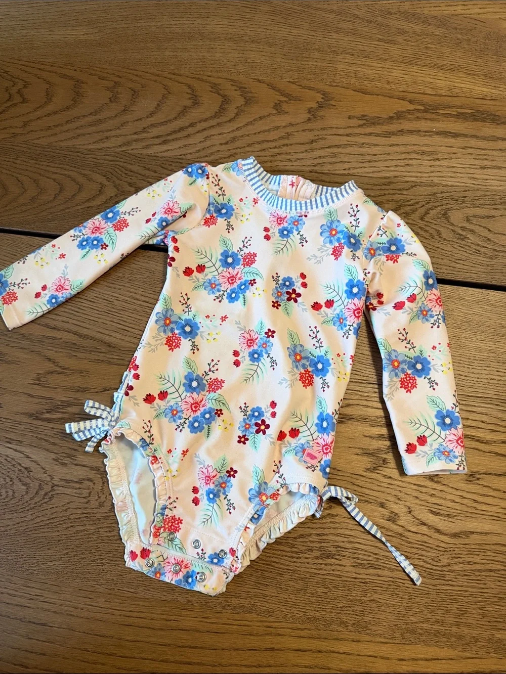 Ruffle Butts Floral Long-Sleeve Rashguard One-Piece - Blue, Pink, Cream